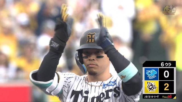 2025/05/10 阪神vs中日 6回裏、佐藤輝選手が左中間タイムリーツーベースヒット。貴重な追加点